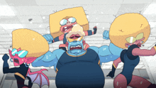 a group of cartoon characters including a man with a beard and two women