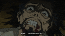 a cartoon of a man with blood coming out of his mouth and the words você tem que mudar below him