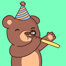 a cartoon teddy bear wearing a party hat blowing a party horn