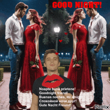 a man in a black shirt with red lips is standing in front of two women in red dresses and says good night