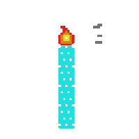 a pixel art drawing of a blue birthday candle with smoke coming out of it
