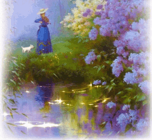 a painting of a woman playing a violin by a river