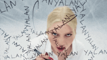 a woman is surrounded by the words yalan