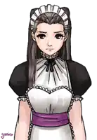 a drawing of a maid with a purple sash