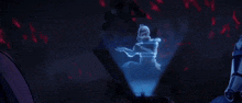 a person is holding a hologram of a clone trooper in a dark room .