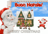 santa claus is holding a sign that says merry christmas in front of a house .