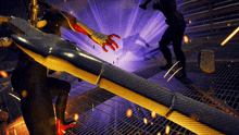 a video game scene with a purple light coming out of the corner