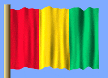 a red yellow and green flag is flying in the wind