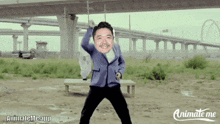 animate me app shows a man in a suit dancing in front of a bridge