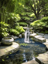 a small pond with a waterfall in the middle of the garden