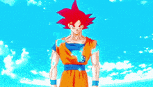 a cartoon character with red hair and a blue shirt is standing in front of a blue sky