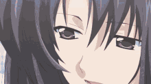 a close up of a girl 's face with purple hair and brown eyes