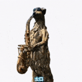 a meerkat is playing a saxophone with music notes surrounding it