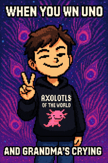 pixel art of a boy wearing an axolotls of the world hoodie