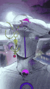 a drawing of a person with a purple necklace around their neck