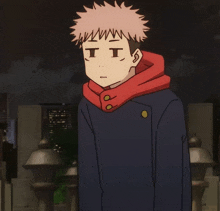 a cartoon character with a red hood and a black jacket has the letter t on his face
