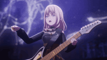 a girl in a black dress is holding a guitar in front of a purple background