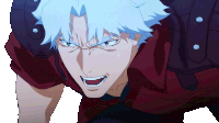 a cartoon character with blue hair and a red shirt is looking at the camera