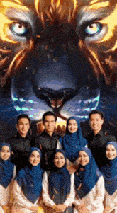 a group of people are posing for a picture in front of a painting of a tiger 's face
