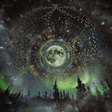 a painting of a full moon surrounded by a circle of buildings and trees with the name iggy on the bottom right