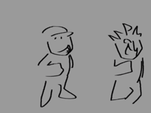 a drawing of a man with a red r on his head and a drawing of a man with a crown on his head