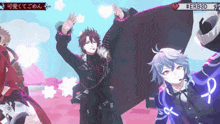 a group of anime characters are dancing in front of a blue background .