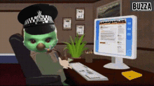 a cartoon character is smoking a cigarette in front of a computer screen that says buzza