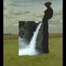 a painting of a woman standing in front of a waterfall in a field