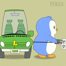 a cartoon of a penguin pulling a green car