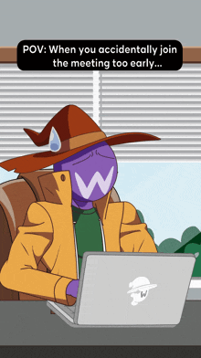 a cartoon of a wizard sitting at a desk with a laptop and a caption that says pov when you accidentally join