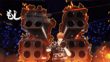a man in a camouflage shirt is standing in front of a stack of guns