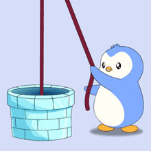a penguin is standing next to a fountain with ice in it
