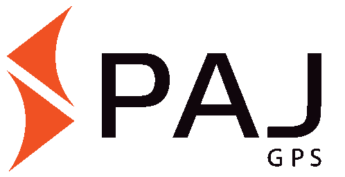 a black and orange logo for paj gps with an orange arrow