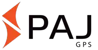 a black and orange logo for paj gps with an orange arrow