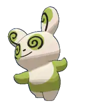 a white and green bunny with swirls on its eyes
