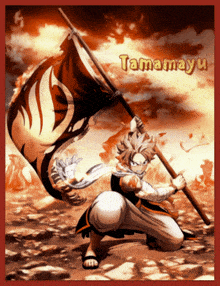 a picture of a man holding a flag with the name tamamayu on the bottom