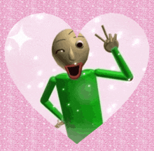 a cartoon character is giving a peace sign in a heart .