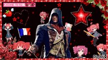 a man in a hooded jacket is surrounded by anime characters and a red star with the word picmix at the bottom