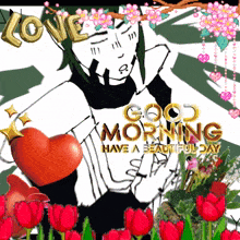 a good morning greeting card with flowers and a heart