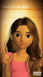 a cartoon of a girl giving a peace sign with the time of 14:07 pm