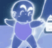 a blurry picture of a baby in a purple bodysuit standing on a blue surface .