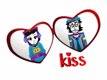 a couple of hearts with a man and a woman inside of them and the word kiss below them