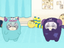 a couple of cartoon characters standing next to each other in a room
