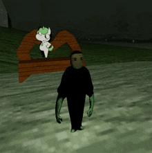 a man in a black shirt with green arms stands in front of a white pony