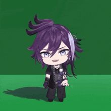 a cartoon character with purple hair and blue eyes is standing on a green surface