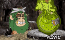 a cartoon of a monkey holding a green bottle with the hashtag #layc on the bottom