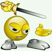 a cartoon smiley face is holding a sword .