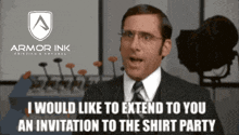 an advertisement for armor ink printing & apparel shows a man in a suit and tie