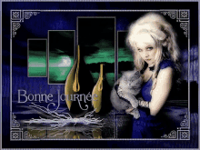 a picture of a woman holding a cat with the words bonne journee written on it
