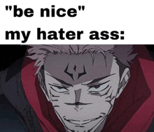 a picture of a man with the words " be nice " on it